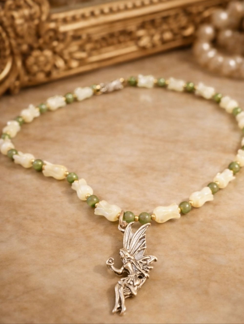 Vintage 1970s Lucite & Jade Beaded Necklace Fairy Pendant Green White Retro